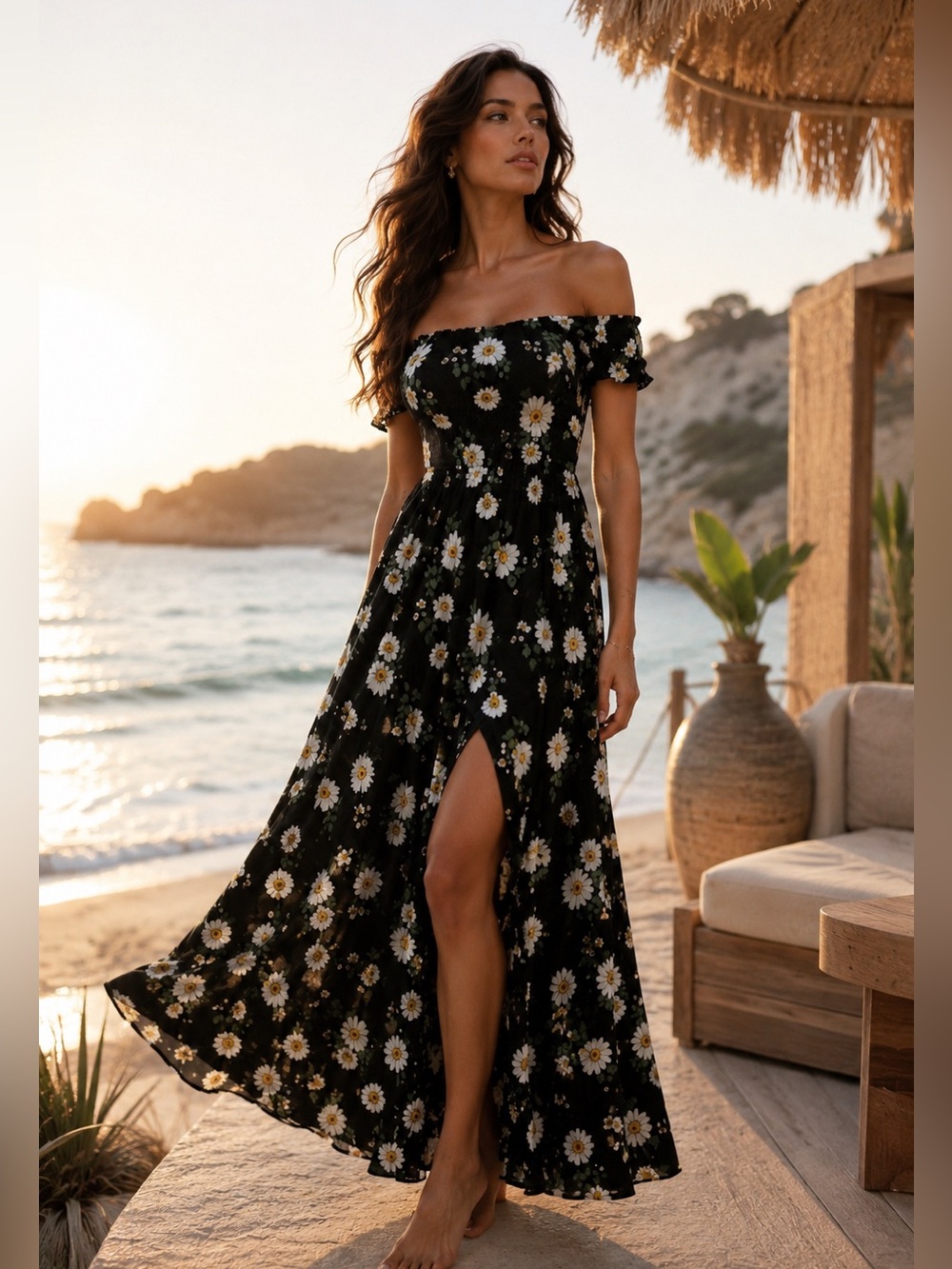 Black Daisy Print Off-Shoulder Maxi Dress